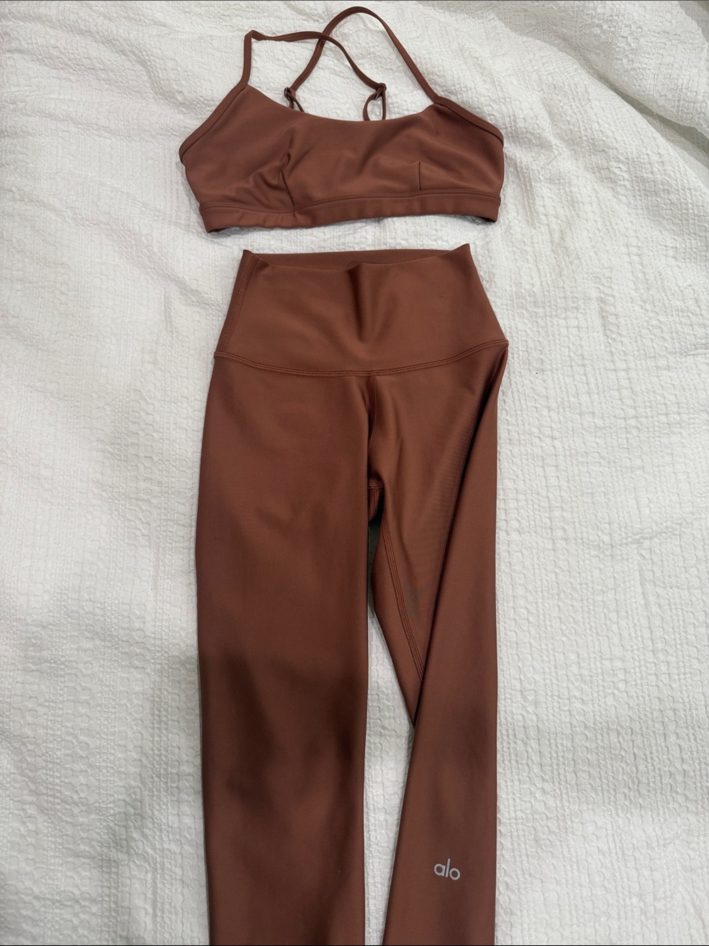 ALO Yoga High-Rise Leggings & Bralette Set in Chocolate Brown/orange